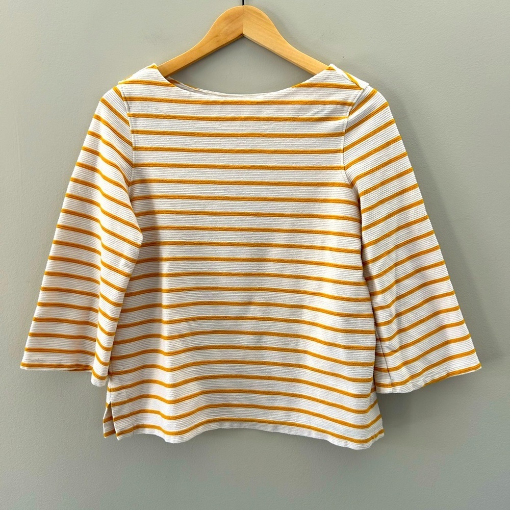 ☃️Old Navy Mustard Yellow & White Striped Boat Neck Terry Clothe 3/4 Sleeve Top - Picture 3 of 4